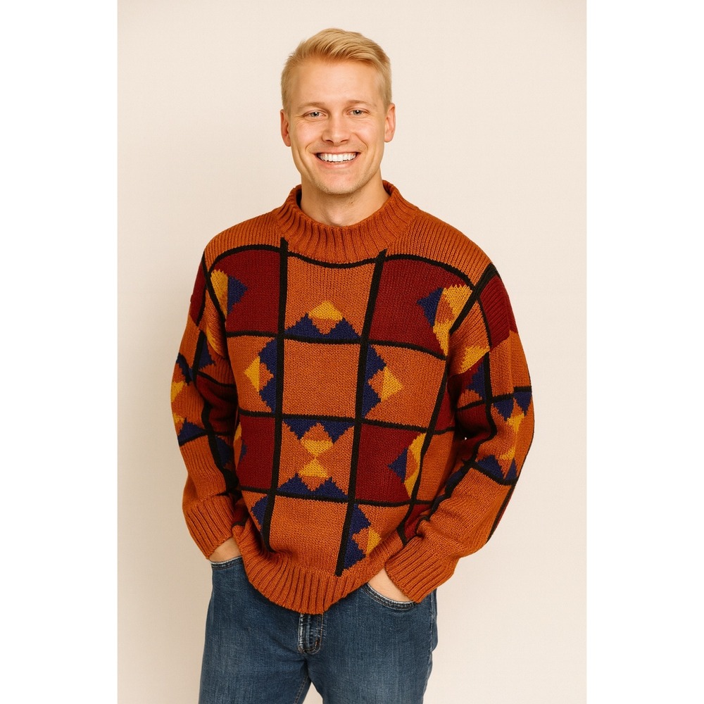 Henry Grethel Men's Geometric Pattern Knit Sweater Orange‎ Blue Yellow Size L